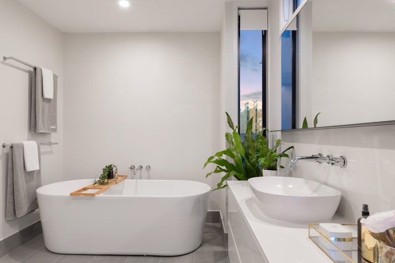 Modern bathroom with tile shower and vanity